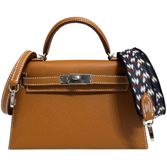 Hermes Kelly Mini 20 Gold Tan Epsom Leather 2 Shoulder Straps Palladium Hardware