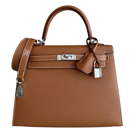 Hermes Kelly 25 Sellier Gold Tan Epsom Leather Palladium Hardware