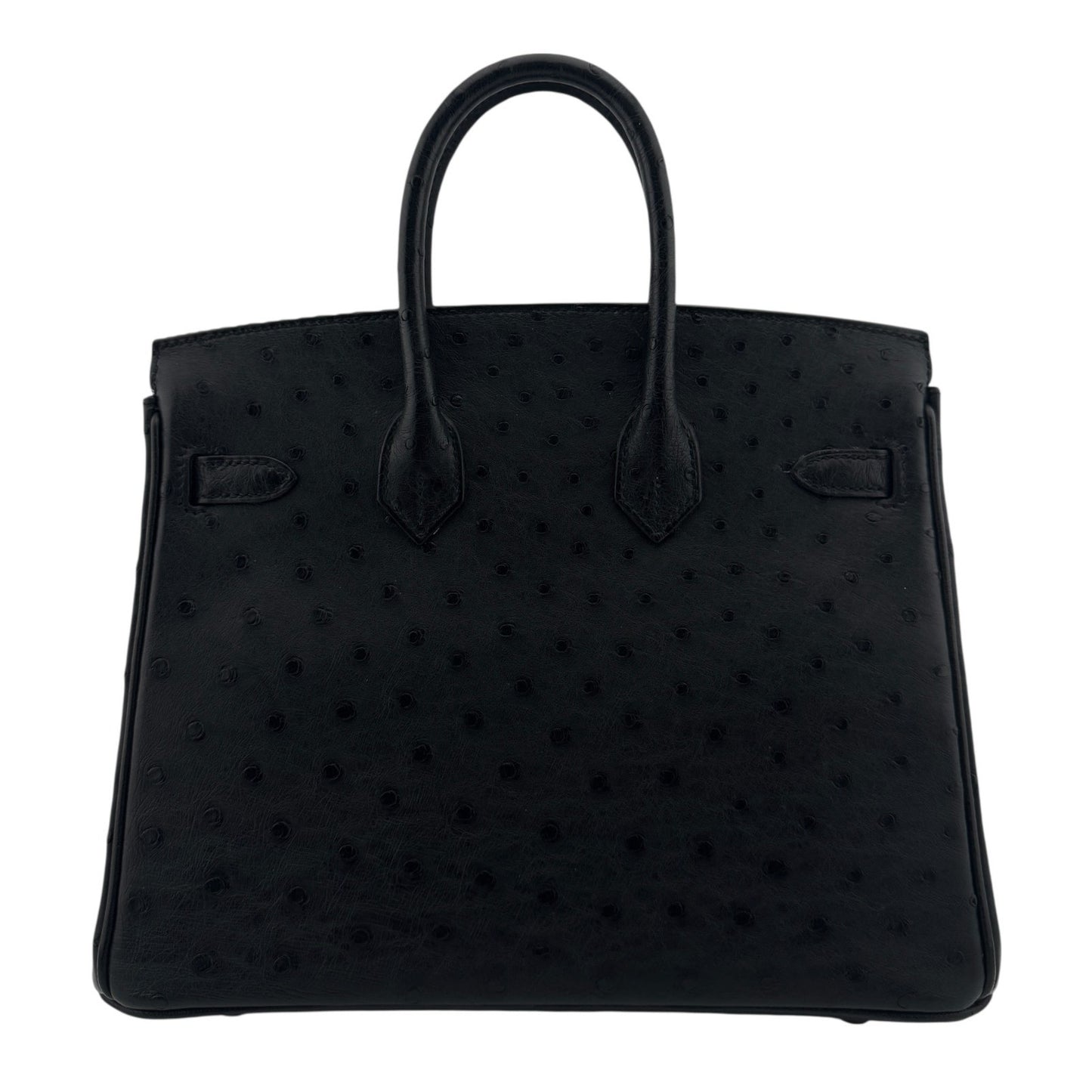 Hermes Birkin 25 Black Noir Ostrich Leather Rose Gold Hardware Handbag