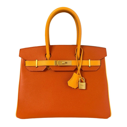 Hermes Birkin 30 Special Order Epsom Feu Orange Jaune D'or Yellow Brushed Gold