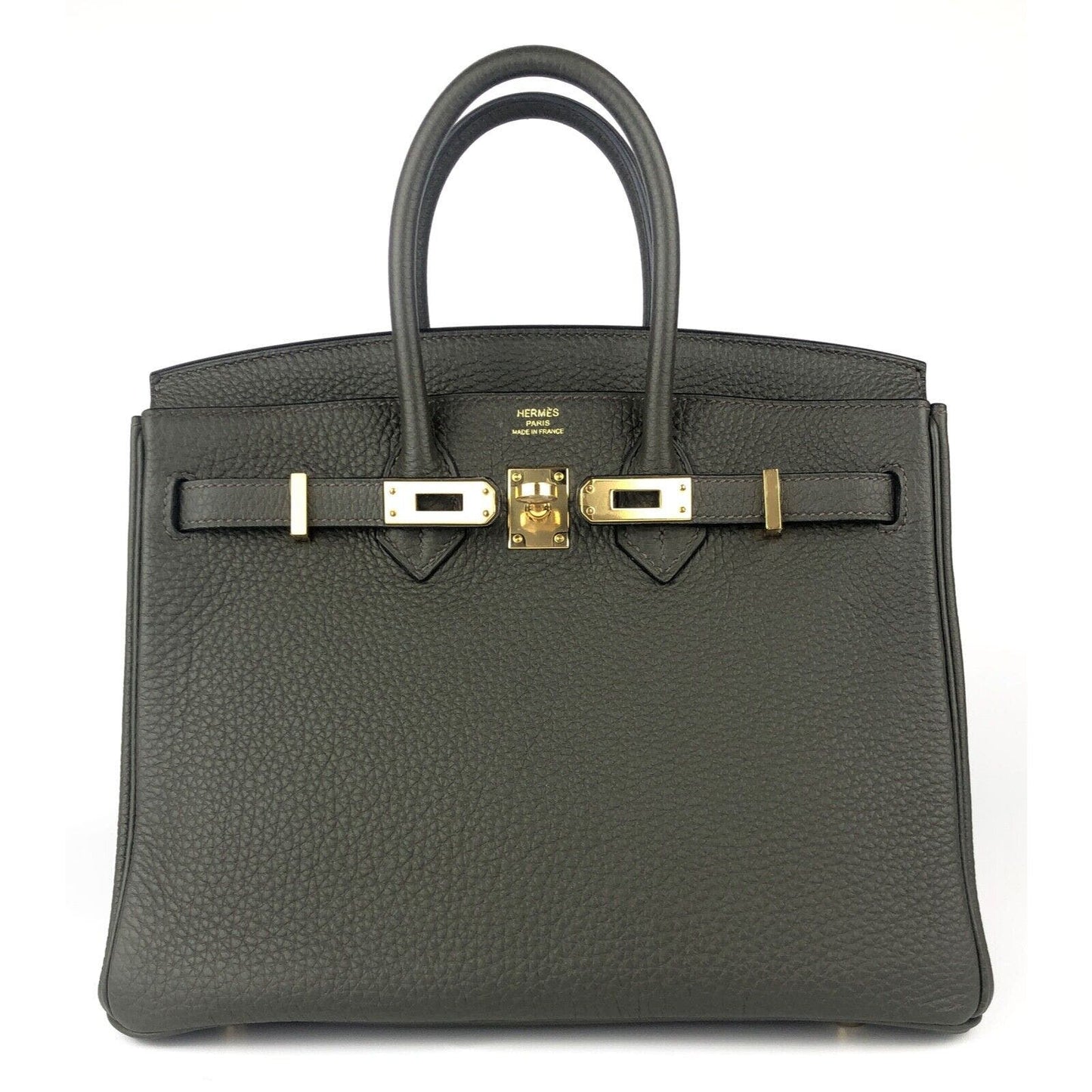 Hermes Birkin 25 Vert de Gris Green Gray Leather Gold Hardware Handbag
