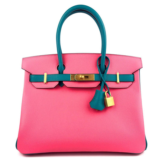 Hermes Birkin 30 Special Order Pink Rose Azalee Blue Paon Brushed Gold Hardware