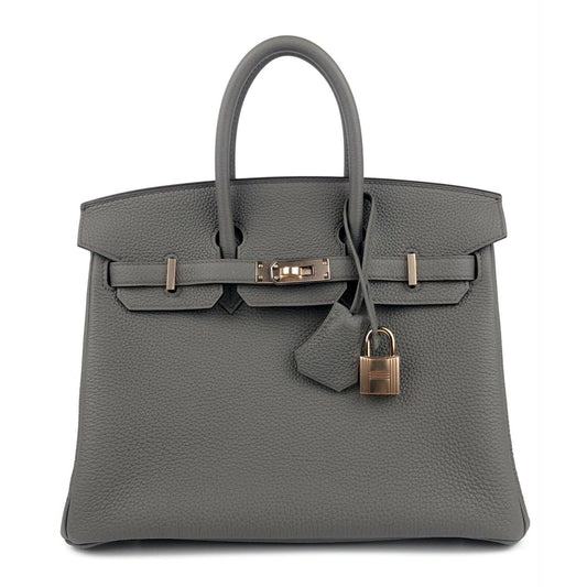 Hermes Birkin 25 Etain Gray Brown Grey Togo Leather Rose Gold Hardware Handbag