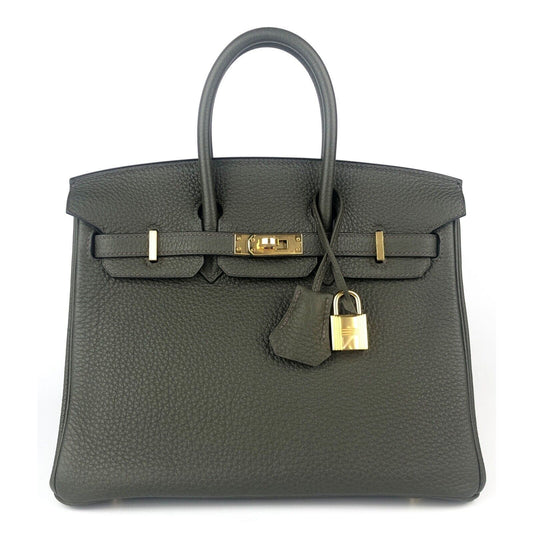 Hermes Birkin 25 Vert de Gris Green Gray Leather Gold Hardware Handbag