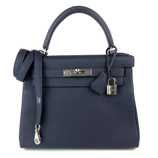 Hermes Kelly 28 Bleu Nuit Navy Dark Blue Leather Shoulder Bag Palladium Hardware