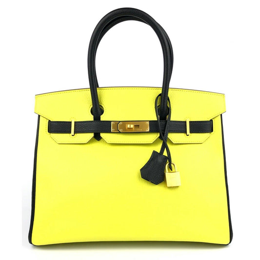 Hermes Birkin 30 Special Order Black Lime Yellow Chèvre Brushed Gold Hardware