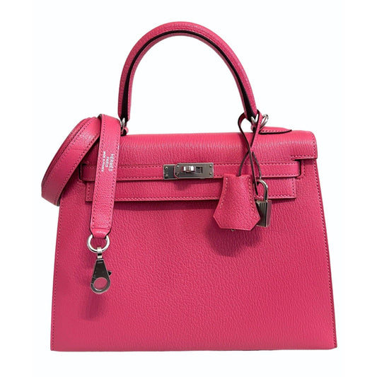 Hermes Kelly 25 Sellier Rose Lipstick Pink Chèvre Leather Palladium Hardware