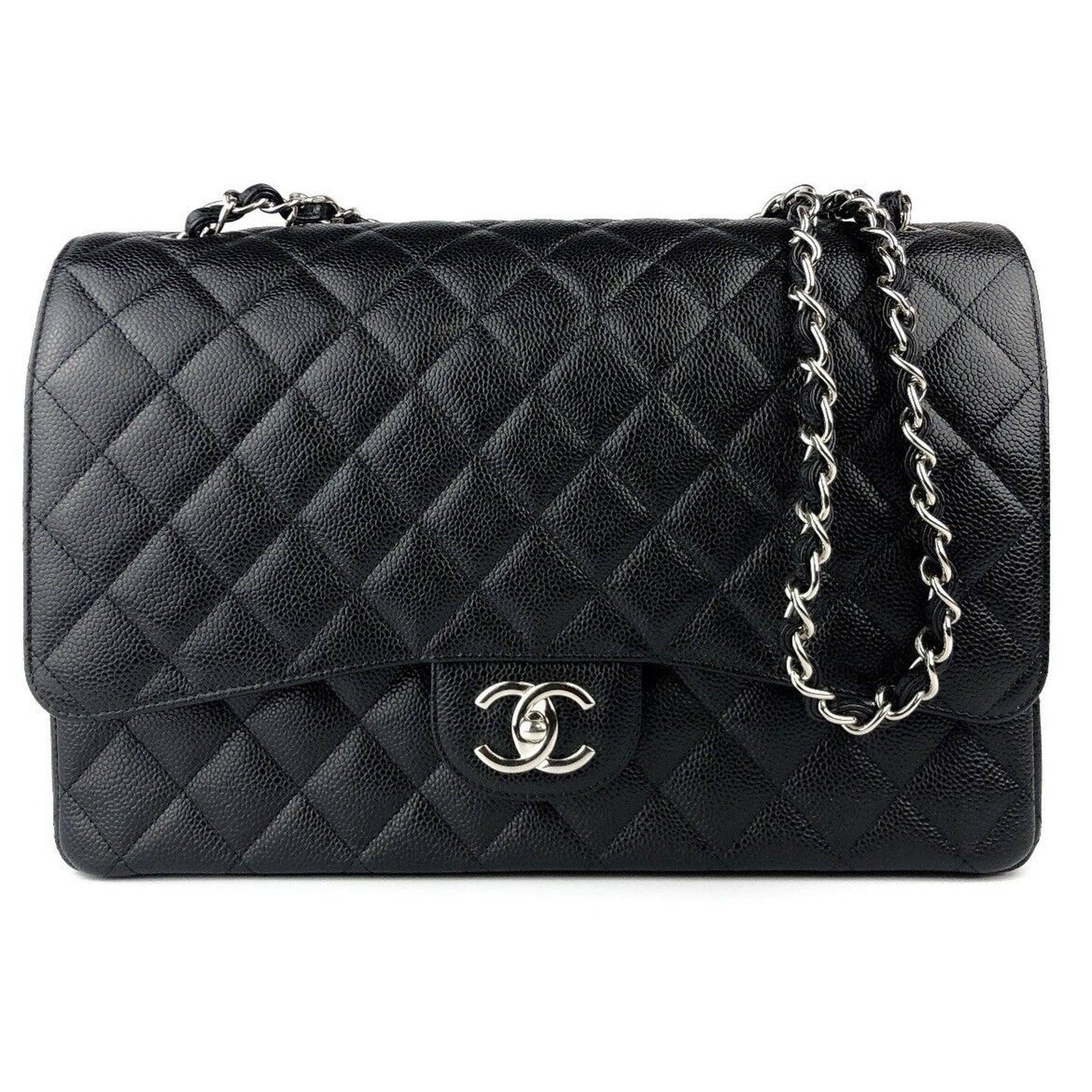 CHANEL Classic Maxi Double Flap Bag Black Caviar Leather Silver Hardware