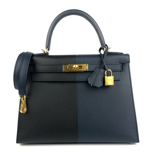 Hermes Kelly 28 Sellier Limited Edition Black Blue Indigo Blue Frida Epsom Leather Gold Hardware