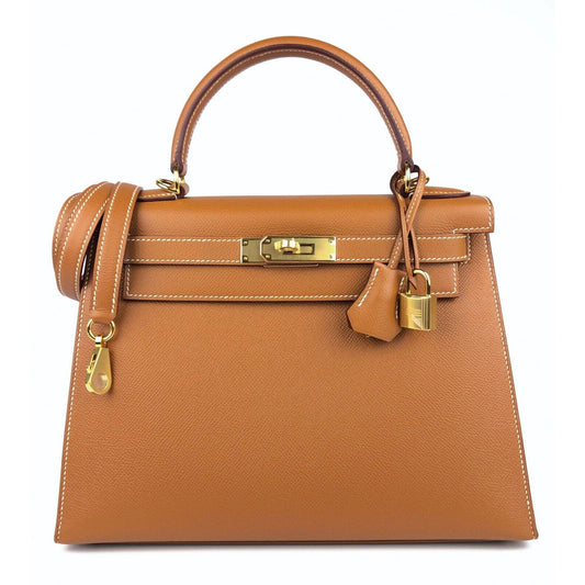 Hermes Kelly 28 Sellier Gold Tan Camel Epsom Leather Gold Hardware Bag