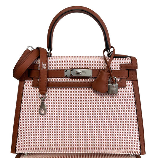 Hermes Kelly 28 Sellier Quadrile Toile Terre Battue Mauve Sylvester Palladium