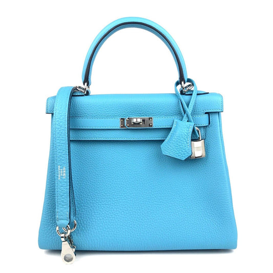 Hermes Kelly 25 Bleu du Nord Blue Togo Leather Shoulder Bag Palladium Hardware