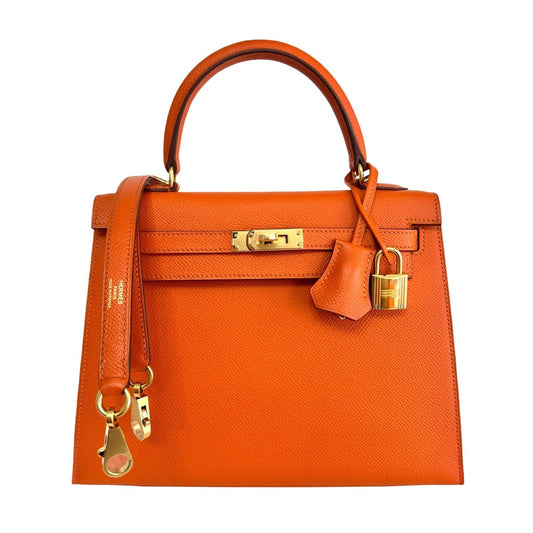 Hermes Kelly 25 Orange Sellier Epsom Leather Shoulder Bag Gold Hardware