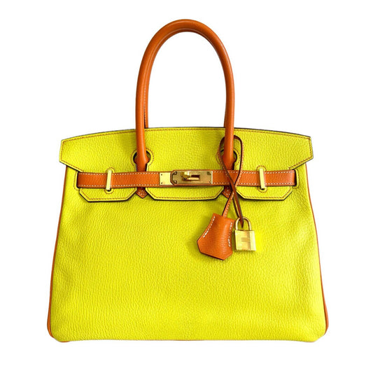 Hermes Birkin 30 Special Order Lime Orange Chèvre Leather Gold Hardware