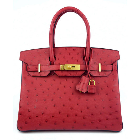 Hermes Birkin 30 Special Order Ostrich Rouge Vif Red Blue Sapphire Brushed Gold Hardware