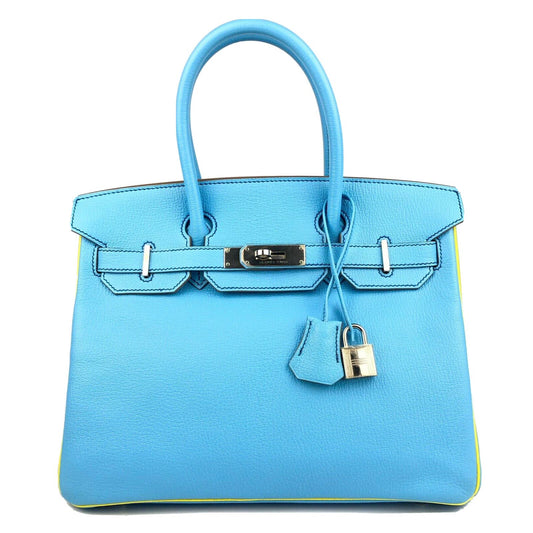 Hermes Birkin 30 Special Order Blue Ciel Lime Yellow Chèvre Palladium Hardware